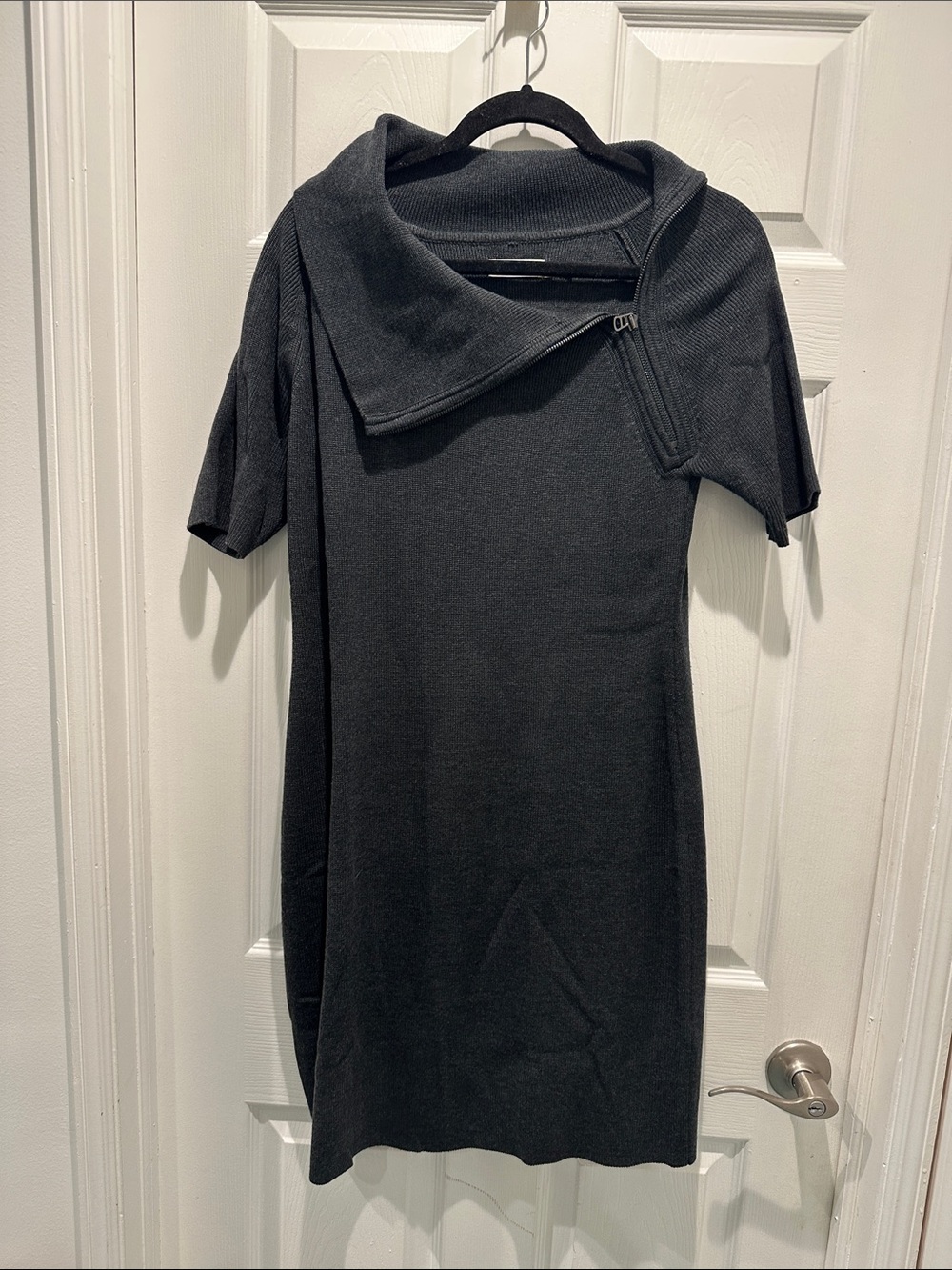 Calvin Klein Black Midi Knit Dress with Asymmetric Funnel Collar Size L